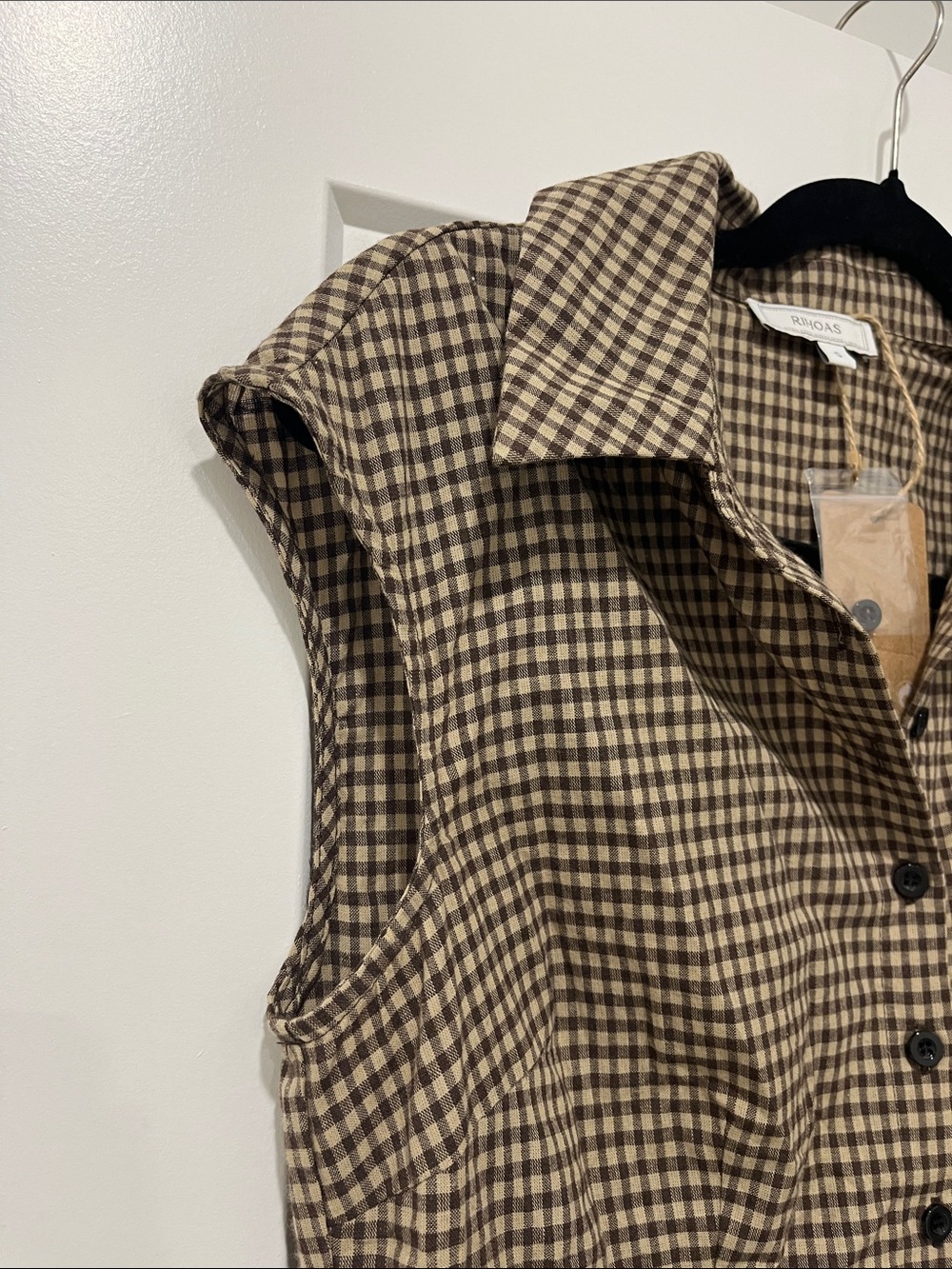 Rihoas NWT Brown Plaid Button Down Pleated Midi Dress S - Picture 5 of 14